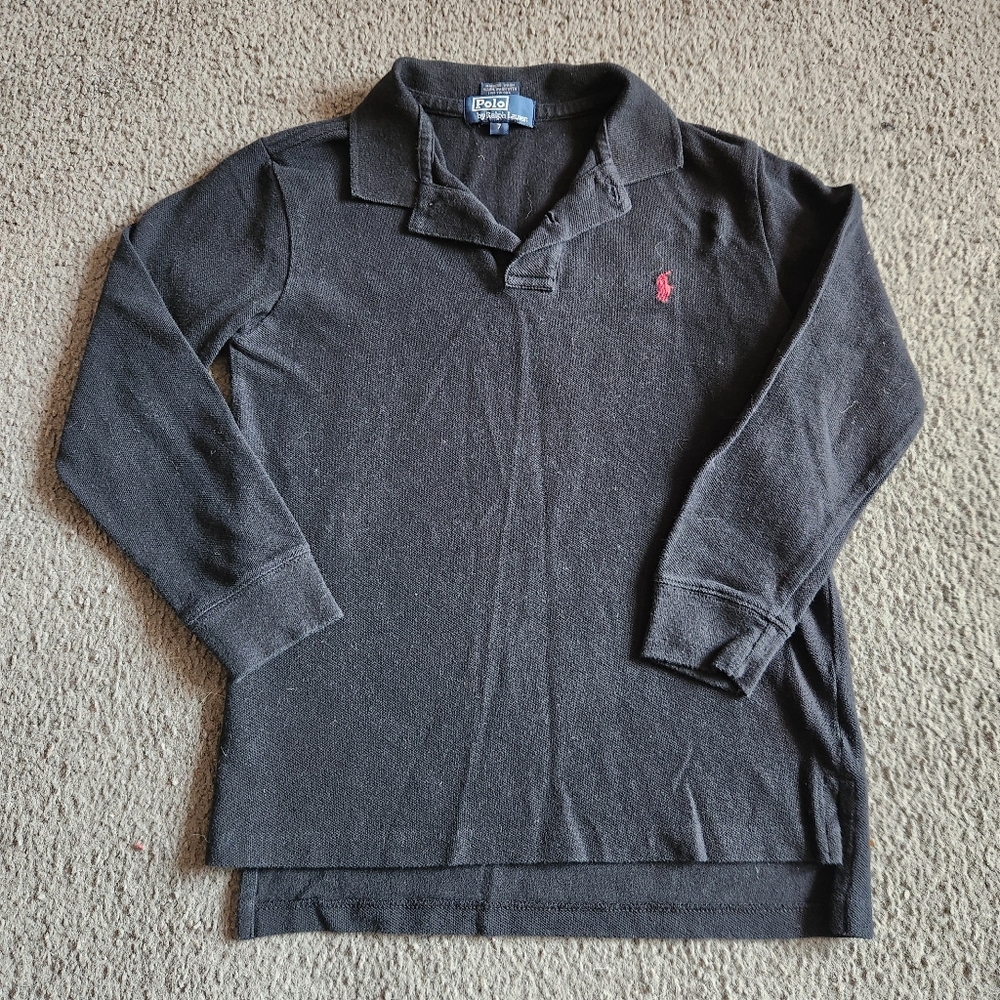 RALPH LAUREN Kids Polo Shirt Size 7 Black Small Pony Long Sleeve Cotton